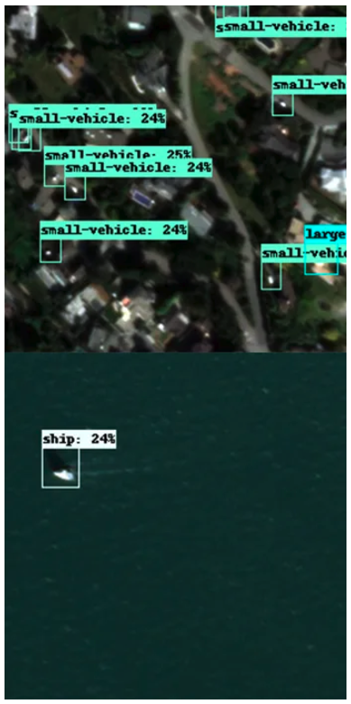 Satellite image showing small vehicle and ship detection in two sections.