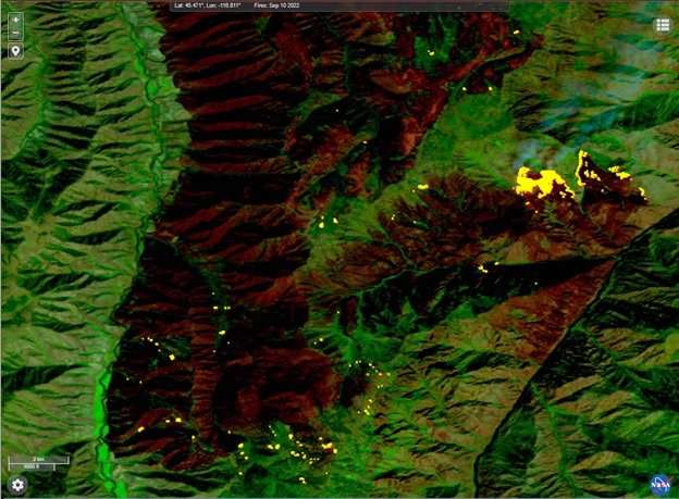 A HLS Landsat 9 OLI false color composite image for the southern portion of the Double Creek Fire in northeast Oregon