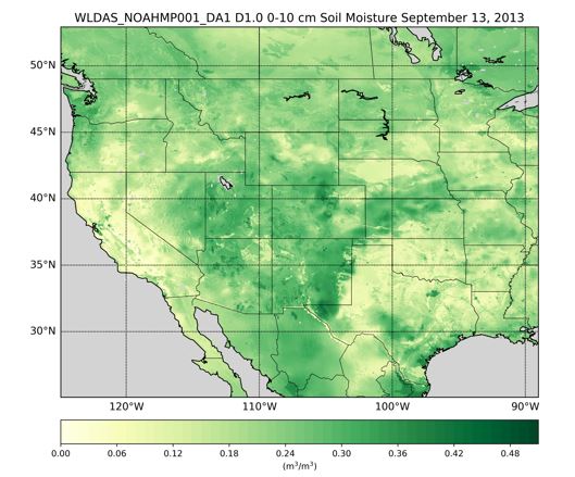 This Western Land Data Assimilation System map shows the "0-10 cm Soil Moisture" variable for September 13, 2003. 