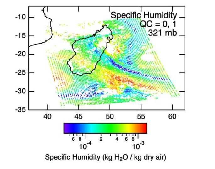 This graphic shows Specific humidity at 321 hPa from the JoSFRA Single Footprint Retrieval Algorithm, using AIRS/ Aqua data.