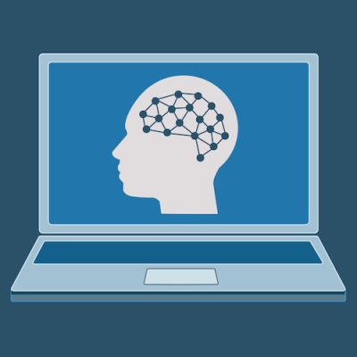 Image of laptop computer with screen showing an image of a head with nodes in place of the brain.