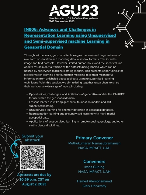 Poster for AGU Session IN006: Advances and Challenges in Representation Learning using Unsupervised and Semi-supervised machine Learning in Geospatial Domain