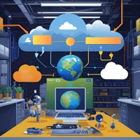 An illustration of an office with cloud computing.