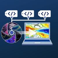 This graphic has a blue background and shows three boxes containing coding characters connected to an arrow pointing to a laptop.