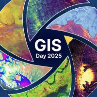 a collage of imagery inside a lens graphic saying GIS Day 2025