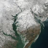 True-color corrected reflectance image of ice in the Chesapeake Bay and Delaware Bay on 9 February 2026 from the MODIS instrument aboard the Terra satellite.