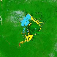 False-color corrected reflectance image overlaid with flood information for Lake Bangweulu and the surrounding wetlands on 27 April 2026 from the MODIS instrument aboard the Terra satellite