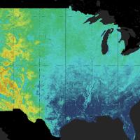 This map depicts the level of evapotranspiration across the continental United States.