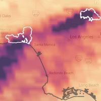 This map shows TEMPO observations of nitrogen dioxide plumes over Los Angeles County on January 8, 2025, during the Palisades and Eaton Fires.