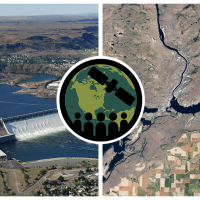 Aerial photo of dam and reservoir on left, satellite image of same reservoir on right.