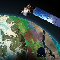 satellite orbiting over a collage of swaths showing remote sensing imagery