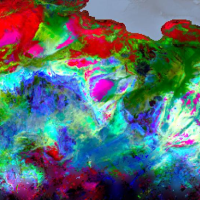 An image showing part of a trivariate chloropleth surface mineral map of northern Africa showing hematite in red, goethite in green, and kaolinite in blue.