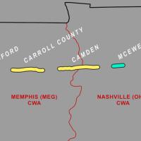 an illustration of the paths four tornados took across Tennessee. The tornadoes travelled on roughly the same latitude, forming a broken east to west line across the state.