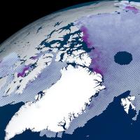 Satellite imagery showing ICESat-II winter sea ice thickness data. 