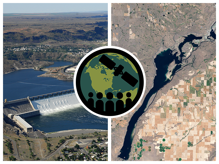 Aerial photo of dam and reservoir on left, satellite image of same reservoir on right.