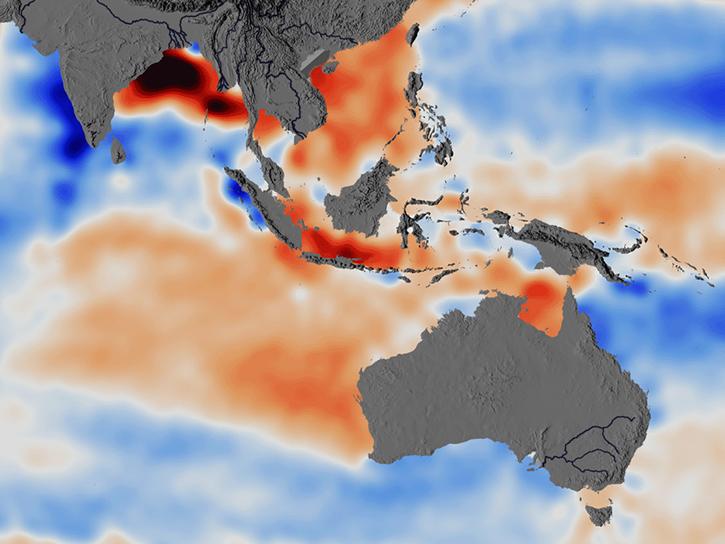 This data visualization shows the areas where sea surface salinity has increased (depicted in red) and descreased (depicted in blue) over ten years (2011 to 2021).