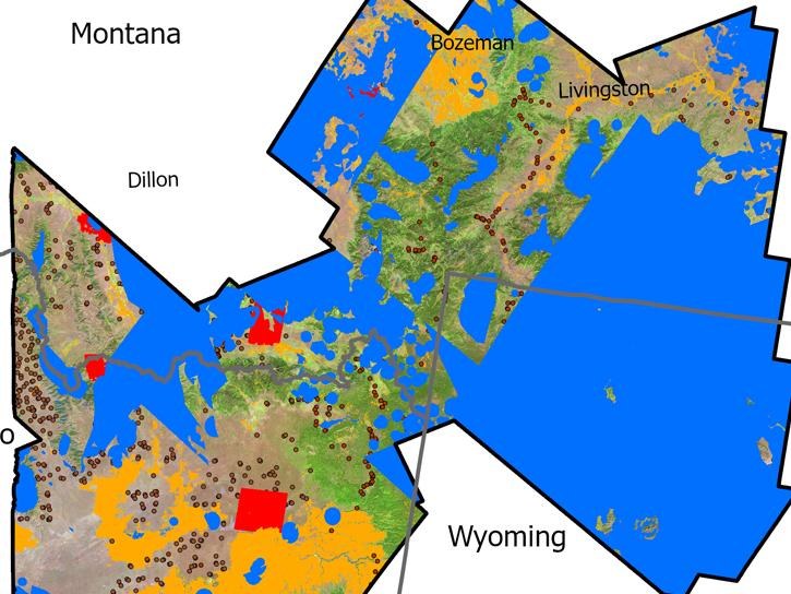 Pictured is satellite imagery of portions of Montana, Idaho, and Wyoming. Portions of the map are colored blue for areas of EMIT and SAR data masking. Yellow where there is landing cover masking. Red where high-resolution model training was used. Dots for training point data. And white to show the total area of analysis extent.