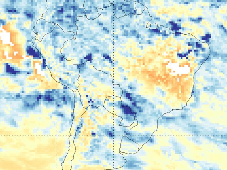 Integrated Multi-satellitE Retrievals for Global Precipitation Measurement (IMERG) Late precipitation anomalies expressed as departures from the climatological mean (base period 2000-2021) for South America during August 2022. 