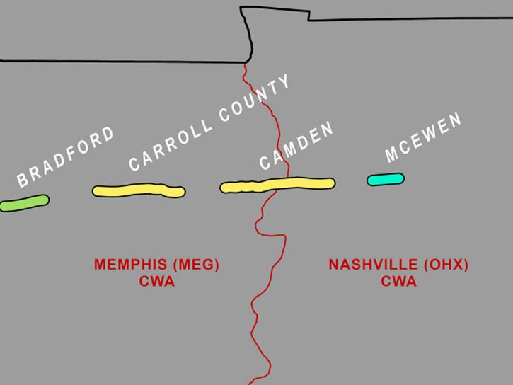 an illustration of the paths four tornados took across Tennessee. The tornadoes travelled on roughly the same latitude, forming a broken east to west line across the state.
