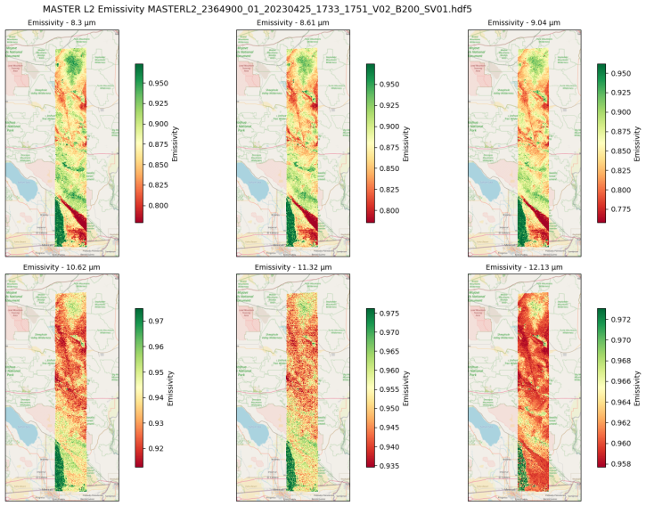 MASTER Level 1A emissivity across six thermal infrared bands