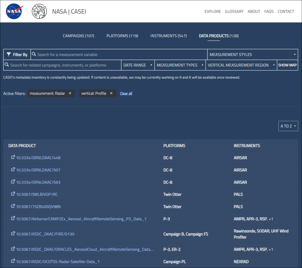 blue screen with lines of text and links to various datasets in three columns.