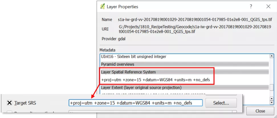 This image shows how to find the spatial reference definition in the layer properties of a projected image and using it as the Target SRS