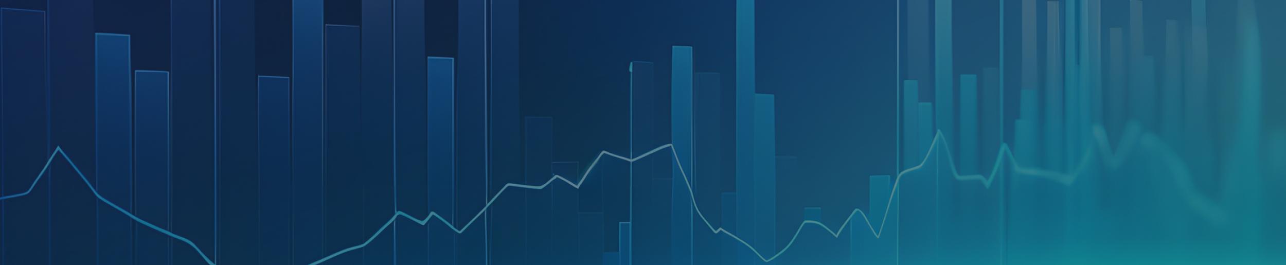 Vertical bars and a line graph are outlined in light blue against a teal background.