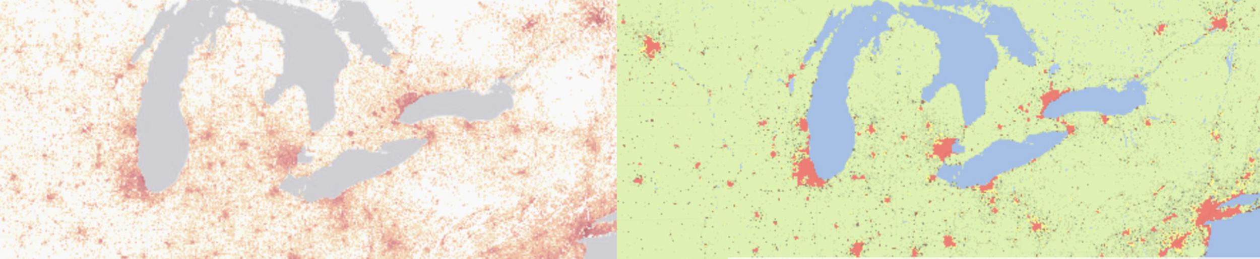 data from POPGRID viewer showing population density over the Great Lakes region