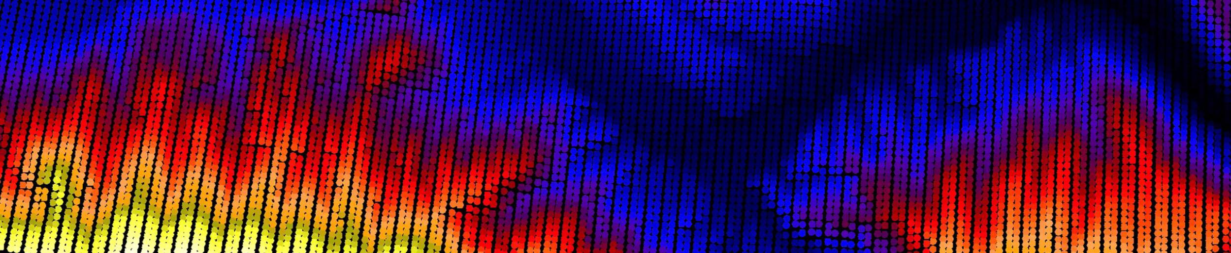 LVIS scanning system generates this pattern that evenly and completely samples the surface below. There are approximately 100 beams across the 2 km wide swath. The colors represent the surface elevation (blue is low, yellow/white is high). 