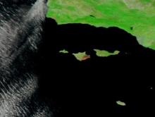 False-color corrected reflectance image from May 20, 2026 of the Santa Rosa Island fire in California from the VIIRS instrument aboard the NOAA-21 platform