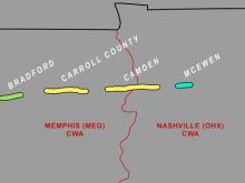 an illustration of the paths four tornados took across Tennessee. The tornadoes travelled on roughly the same latitude, forming a broken east to west line across the state.