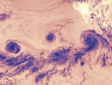 Brightness temperature image of three major hurricanes in the Pacific Ocean, Lowell, Karina, Marie on 3 September 2026 from the VIIRS instrument aboard the NOAA-21 satellite