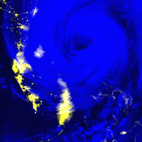 Black Marble Nighttime Blue/Yellow Composite image of Hurricane Dorian