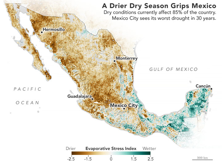 Nearly 85% of Mexico is facing drought conditions as of April 15, 2021. This image shows Evaporative Stress Index (ESI) data for the country, with brown colors indicating drier conditions. ESI incorporates leaf area index data from the Moderate Resolution Imaging Spectroradiometer (MODIS) instrument aboard NASA's Aqua and Terra satellites with observations of land surface temperatures from NOAA satellites and observations. The observations are used to estimate the amount of water evaporating from the land
