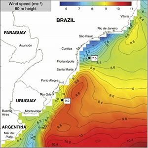 Wind speeds at a height of 80 meters (262 feet), or approximately the hub height of a turbine, indicate a viable wind resource in the study area.