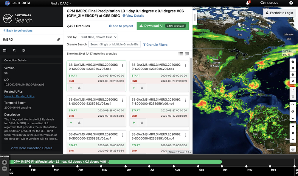 This is a screenshot of what it looks like when accessing GPM and IMERG data from Earthdata Search.
