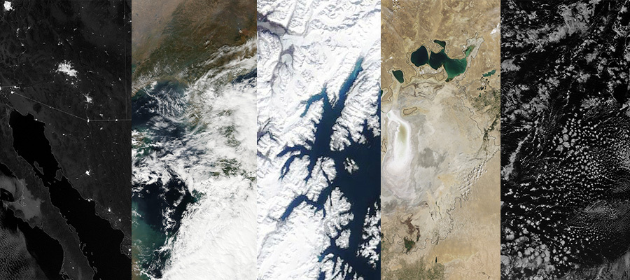 Five MODIS landform images sitting vertically side-by-side
