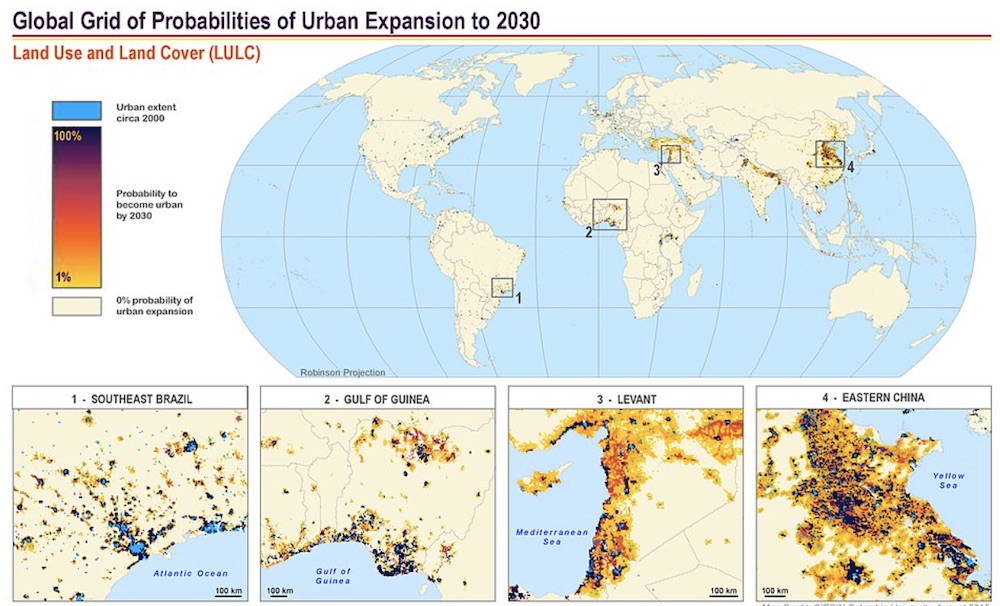 The Global Grid of Probabilities of Urban Expansion to 2030 presents spatially explicit probabilistic forecasts of global urban land cover change from 2000 to 2030 at a 2.5 arc-minute resolution. 