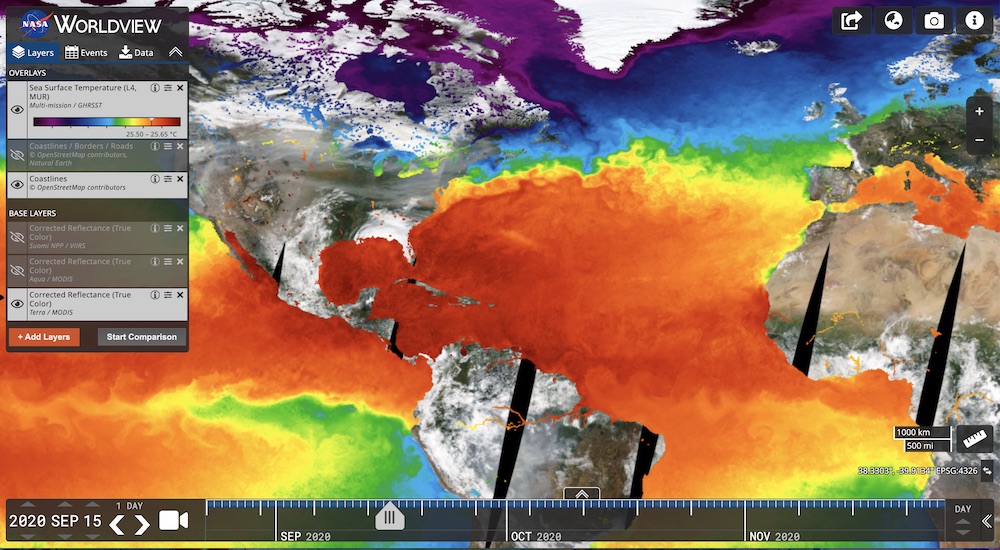 This is an image of Sea Surface Temperature in Worldview