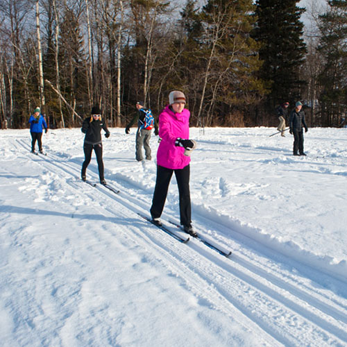 Skiers practice cross-country skiing drills on Bagely Hill in Duluth, Minnesota. (Courtesy University of Minnesota Duluth)