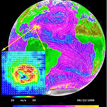 SeaWinds can produce a detailed structure of a hurricane, as in this image of Hurricane Floyd. (Image courtesy of the Winds at JPL).