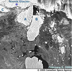 February 5, 2000. This image captures the iceberg after it split into two sections (A and B). 