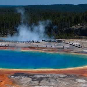 Thermophilic bacteria give Grand Prismatic Spring in Yellowstone National Park its many hues. 