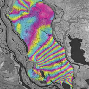 This InSAR image captures the dynamic water-level changes over the Atchafalaya Basin in southeastern Louisiana from May 22 to June 15, 2003.