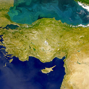 This image of Turkey offers a comparison of the color of the Black Sea (top of the image), which shows a phytoplankton bloom, and the Mediterranean Sea (bottom of the image)
