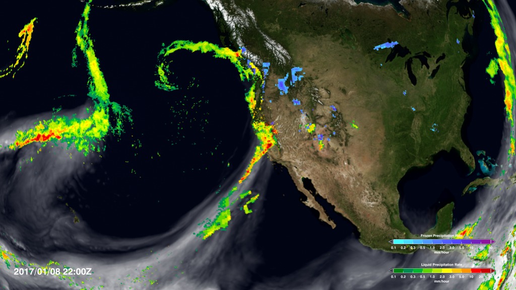 This visualization combines precipitation data from the Global Precipitation Measurement (GPM) mission's Integrated Multi-satellitE Retrievals (IMERG) and water vapor data from Goddard Earth Observing System Model (GEOS). Together, they allow scientists to study atmospheric rivers and the heavy precipitation they bring to California.