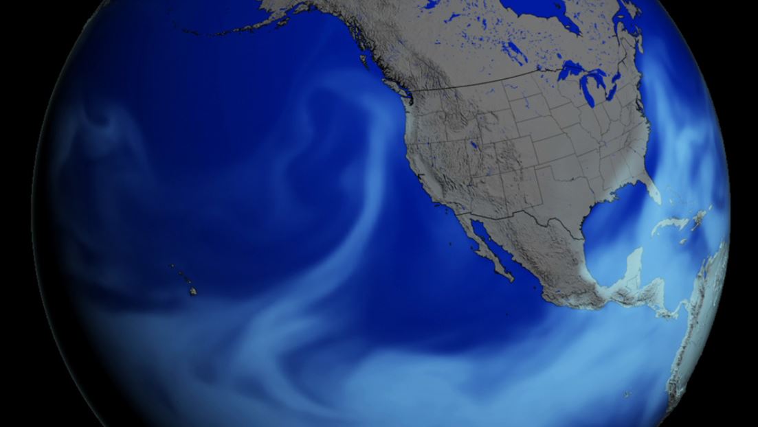 An atmospheric river travels across the Pacific toward the West Coast of the United States. 