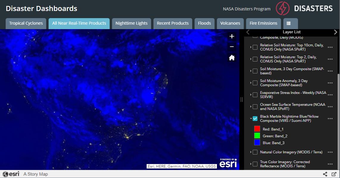 Screenshot of Disasters Dashboard showing nighttime lights blue/yellow composite product.