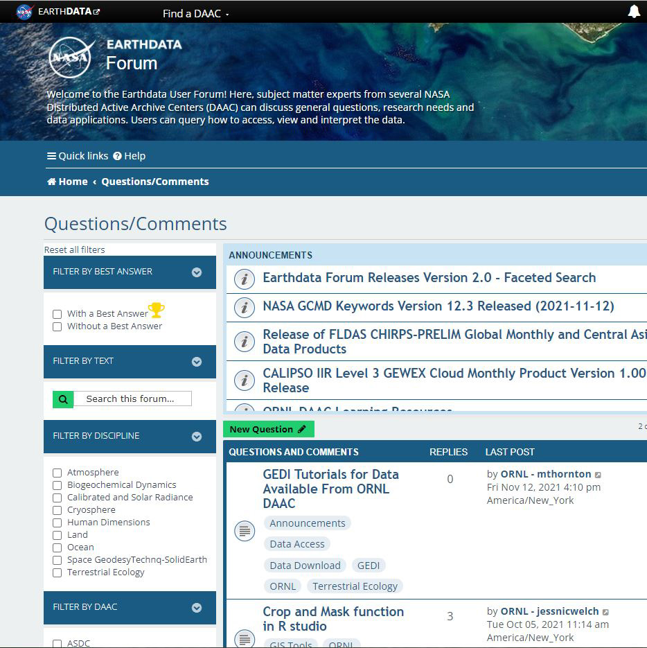 Image of Earthdata Forum home page