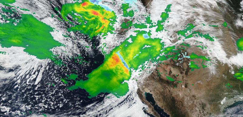 Image of rain and snow over California, captured by the VIIRS instrument